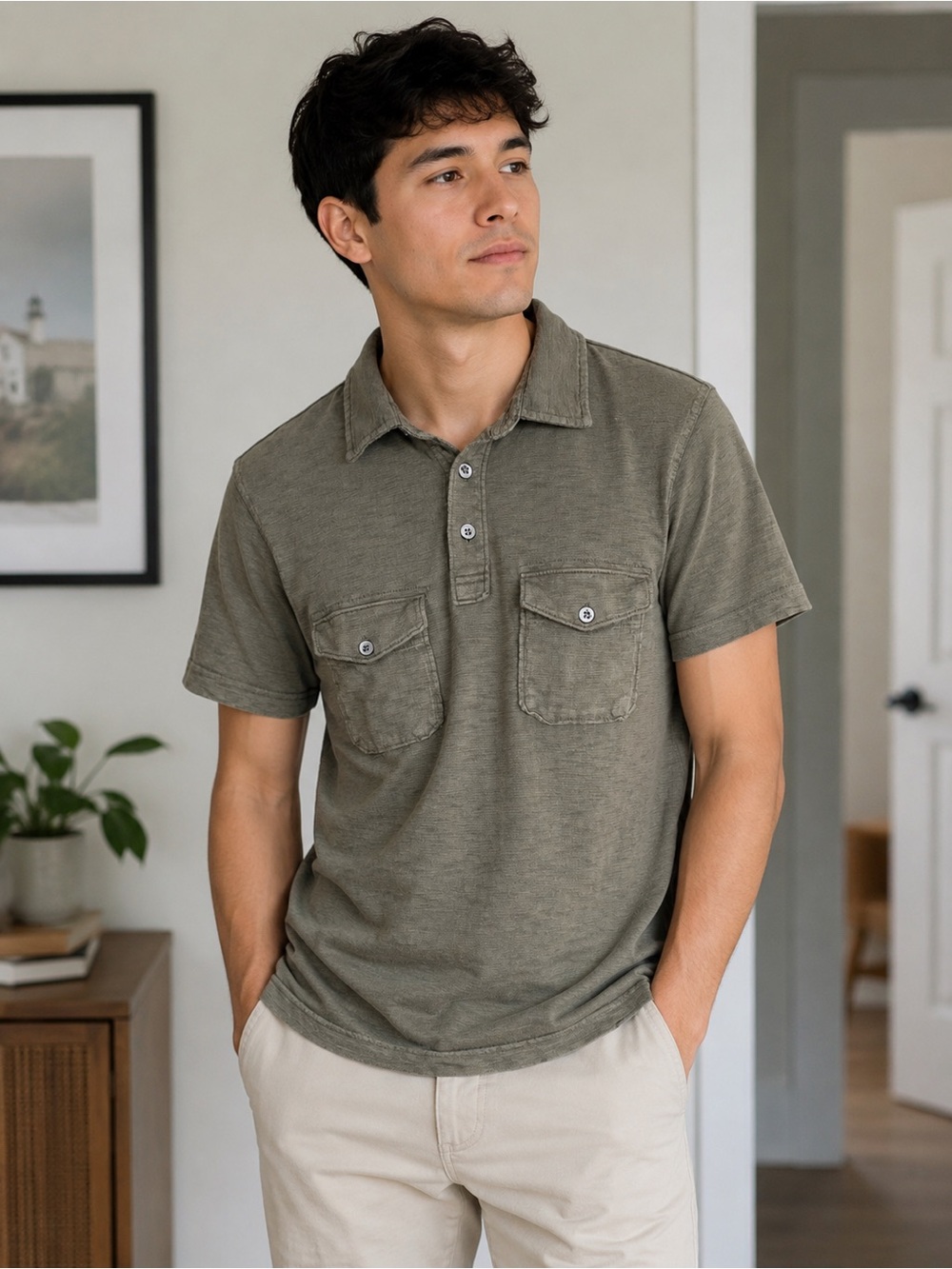 Men's Banana Republic Olive Green Short-Sleeve Pocket Polo Shirt